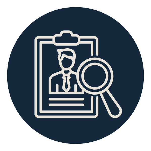 Icon of a person on a clipboard with a magnifying glass