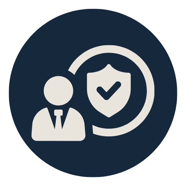 Icon of a person in a suit with a shield and checkmark, representing security or insurance.