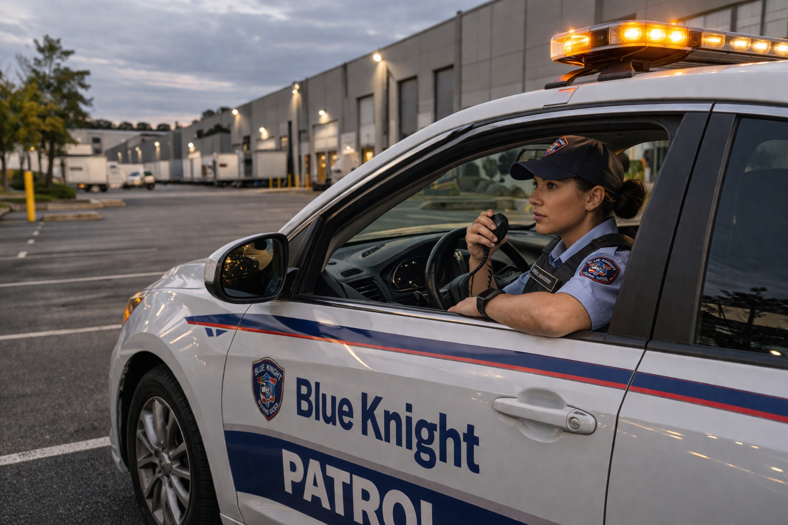 A female police officer sitting in a patrol car in an empty parking lot during dusk, holding a radio to her mouth.