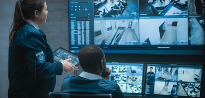 Two security personnel monitoring multiple surveillance camera screens in a control room.