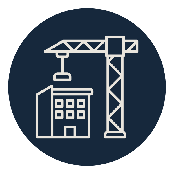 Outline of a construction crane next to a building under construction.