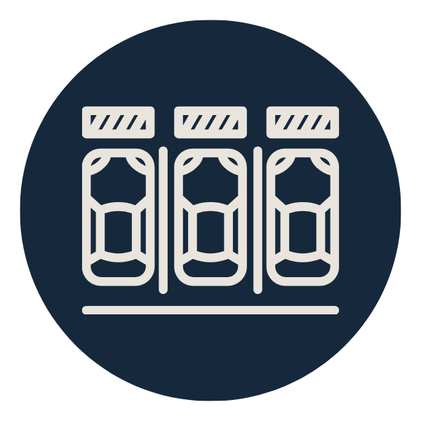 Icon of three cars parked side by side in a row, viewed from above, with a ground line underneath, on a dark circular background.