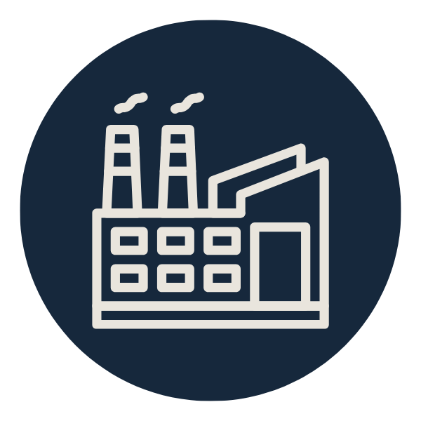 Icon of a factory with two smokestacks emitting smoke and a building with a sloped roof.