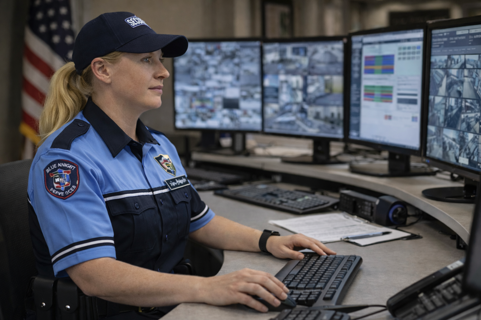 A female security officer in uniform working at a desk with multiple computer monitors displaying surveillance footage.