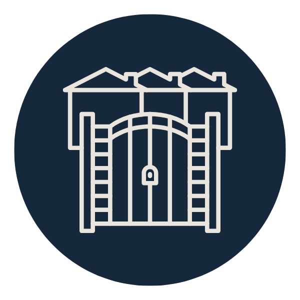 Outline of houses behind a locked gate with a fence, possibly representing community security or housing safety.