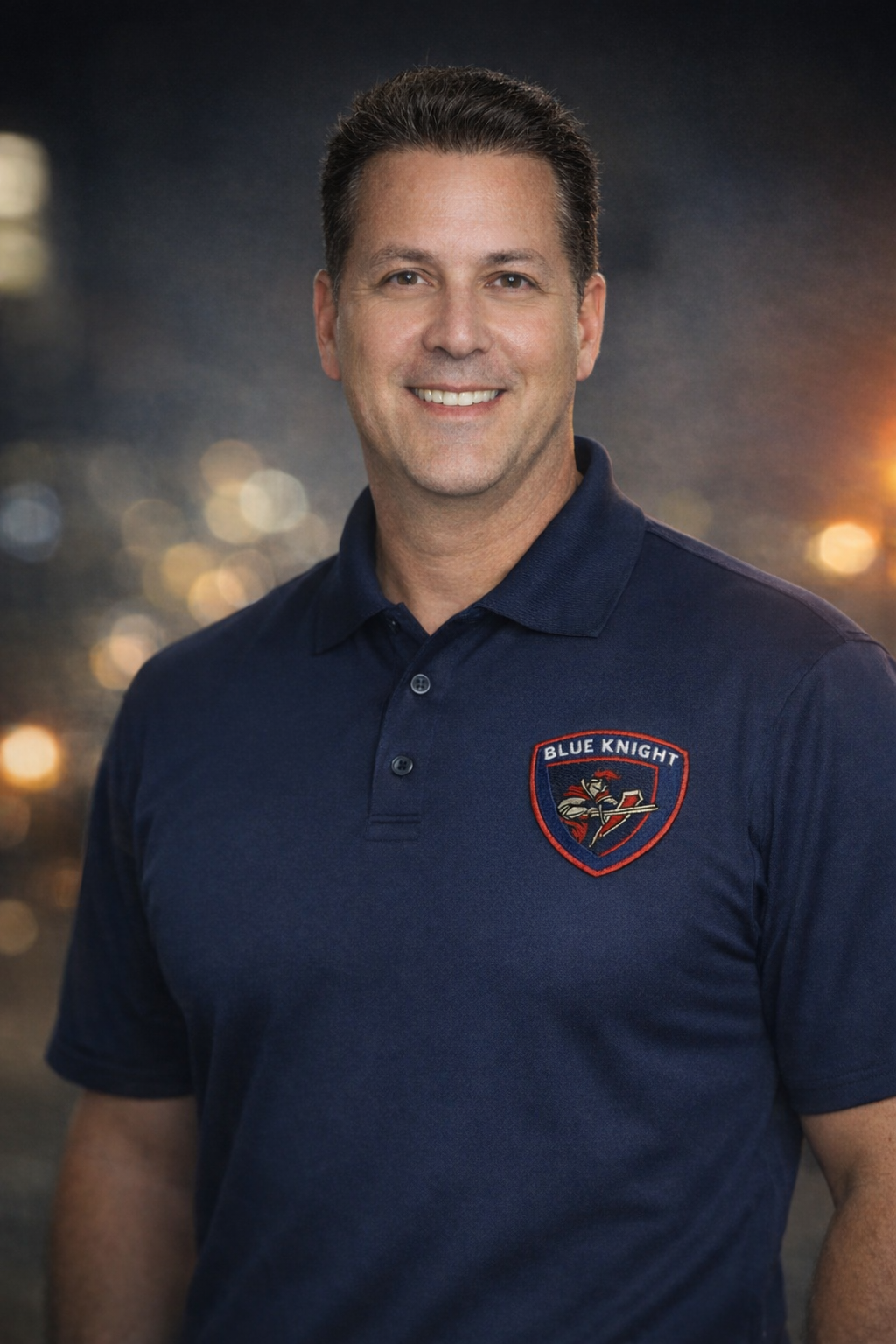 A man with short brown hair and a light complexion, smiling, wearing a navy blue polo shirt with a 'Blue Knight' logo on the chest, standing outdoors during dusk with city lights blurred in the background.