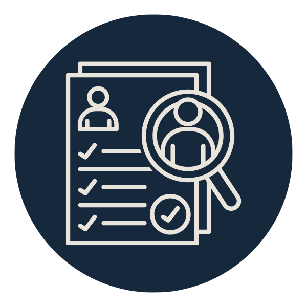 Icon of a resume or profile document with a magnifying glass highlighting a person's profile, representing job applicant search or background check.