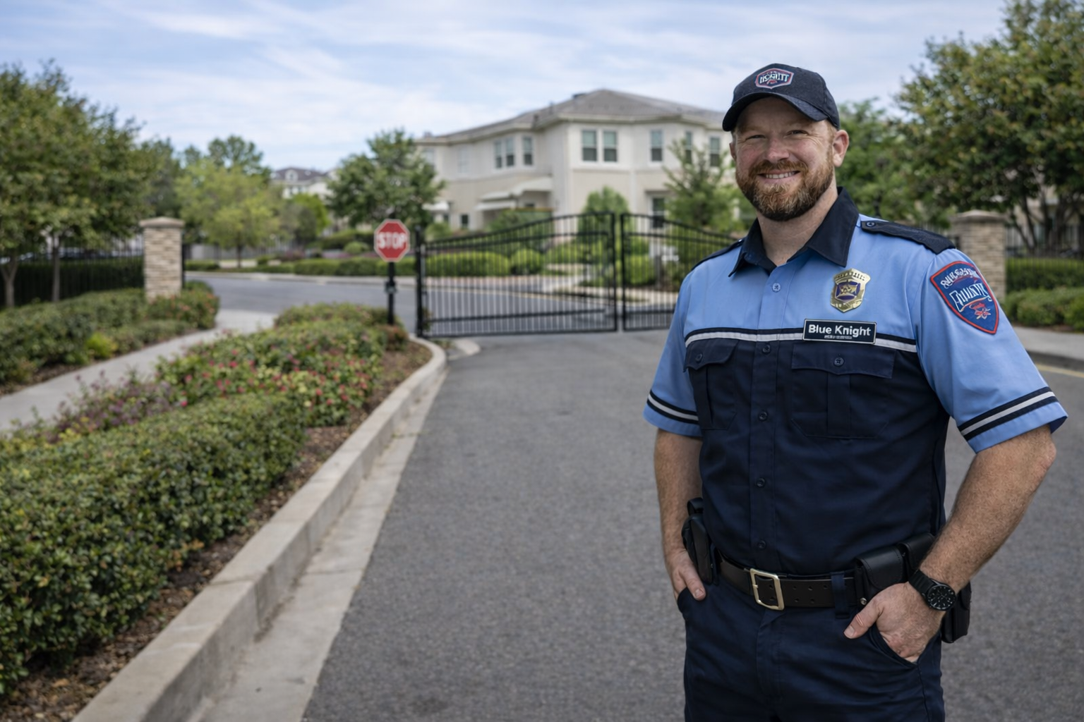 A police officer in uniform standing outside near gated residential community, with houses, trees, and a stop sign in the background.