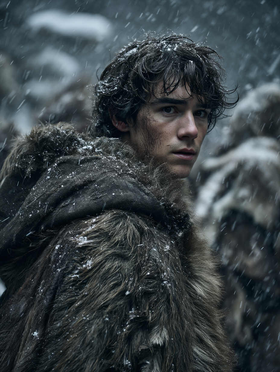 A young man with wet, dark hair and a serious expression, wearing a fur-lined cloak in a snowy, stormy environment.