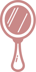 Pink hand mirror with a rounded reflective surface and a handle.