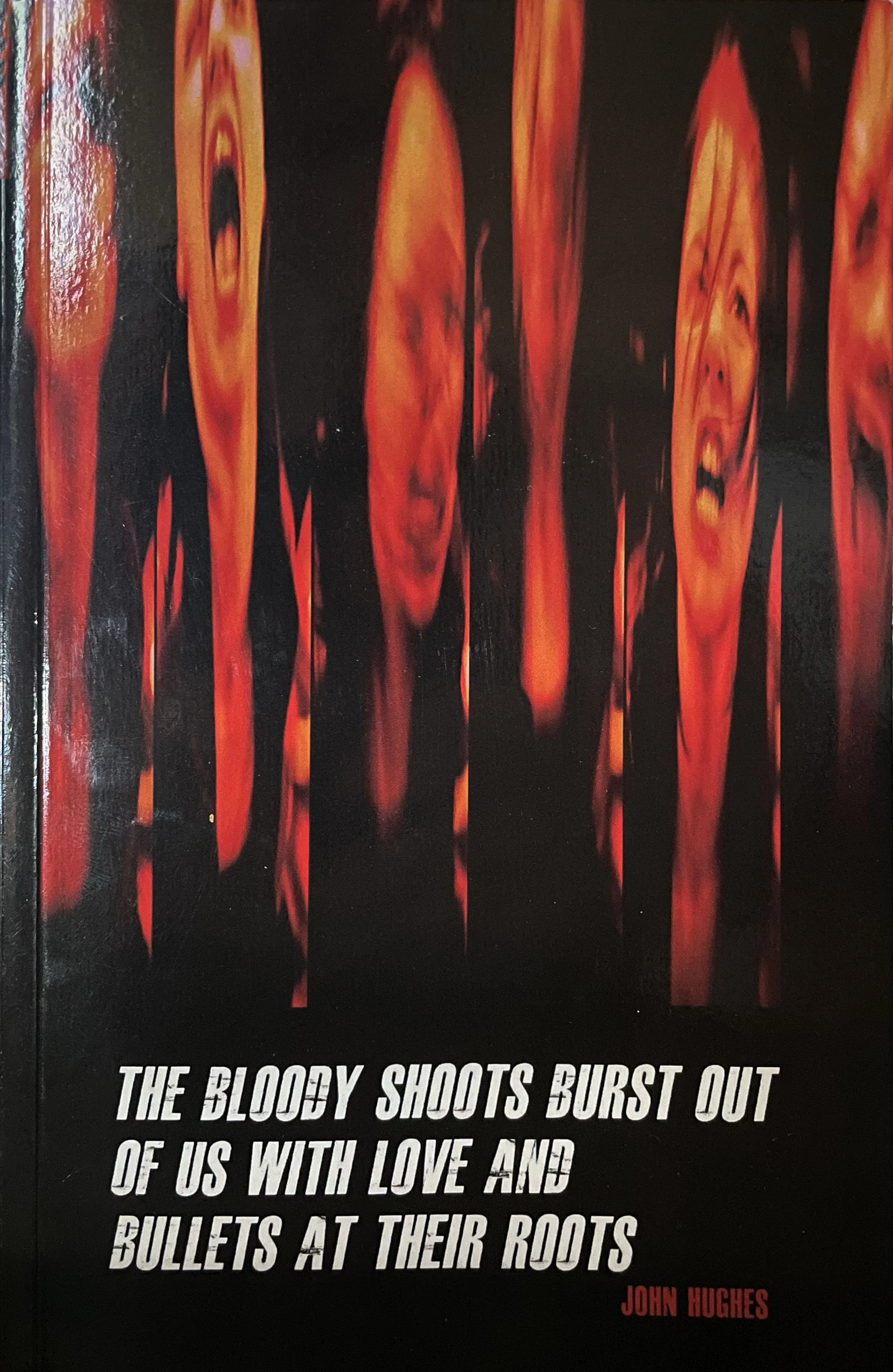 Book cover featuring a dark background with vertical red and orange streaks at the top. White text reads, "The bloody shoots burst out of us with love and bullets at their roots." The author's name, John Hughes, appears in red at the bottom.