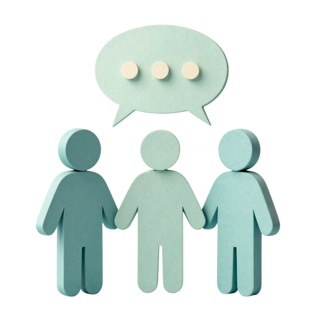 Three paper doll figures holding hands with a speech bubble above them containing three dots.