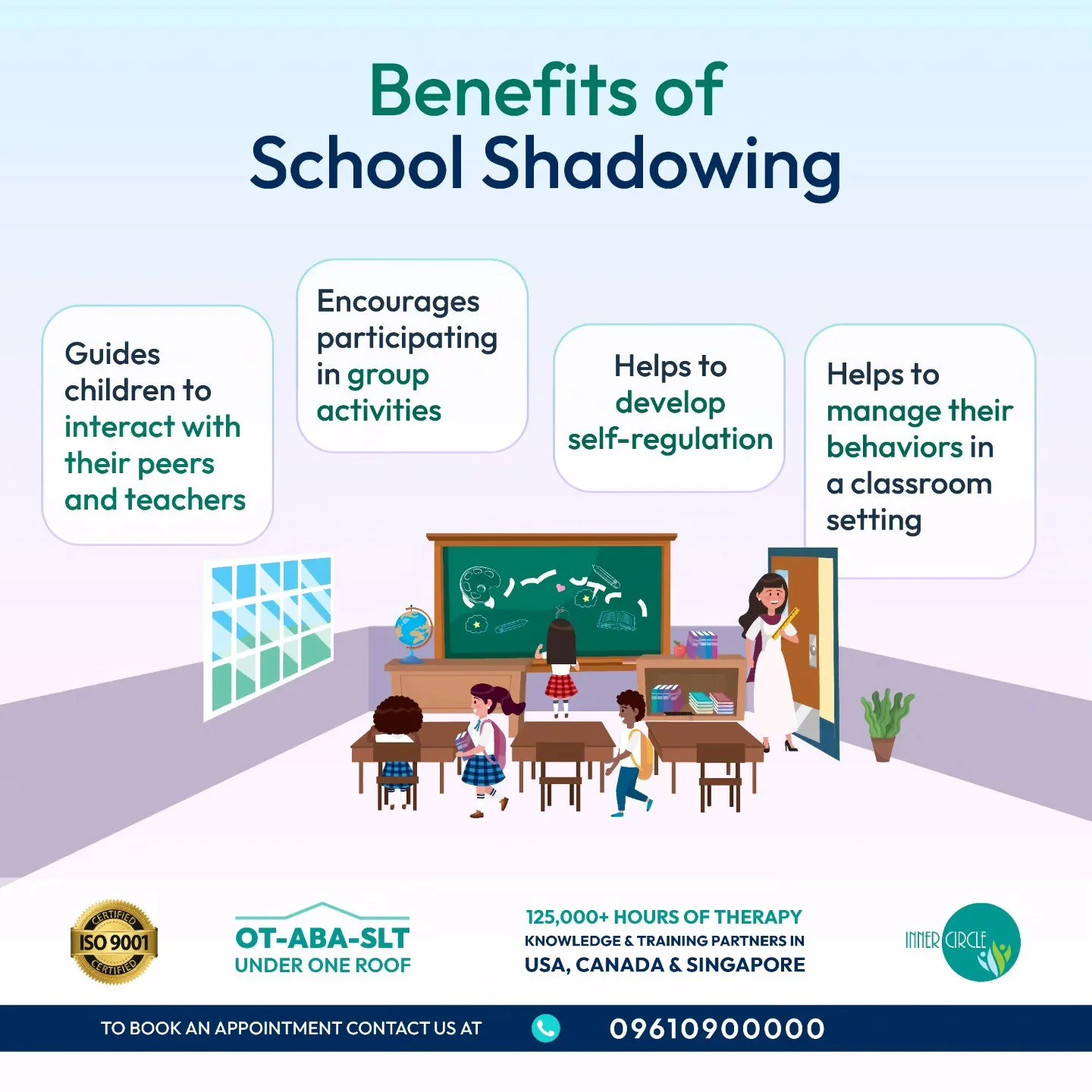 For children with special needs and delayed development, mainstream school can be a challenging environment. Through school shadowing, our qualified therapists can assist your child in learning alongside their peers in a traditional classroom setting