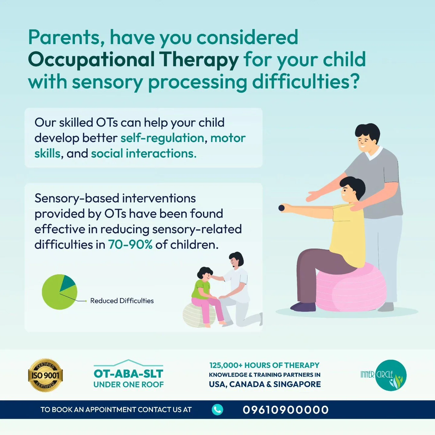 Journey with us as our dedicated Occupational Therapists guide your child towards improved self-regulation and enhanced motor skills.

Call us today to schedule an appointment at 09610900000.