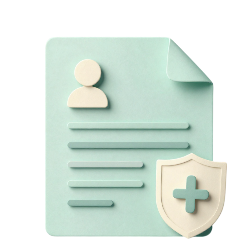 A light green document icon with a person's silhouette at the top, three lines representing text, and a white shield with a plus sign in front of it.