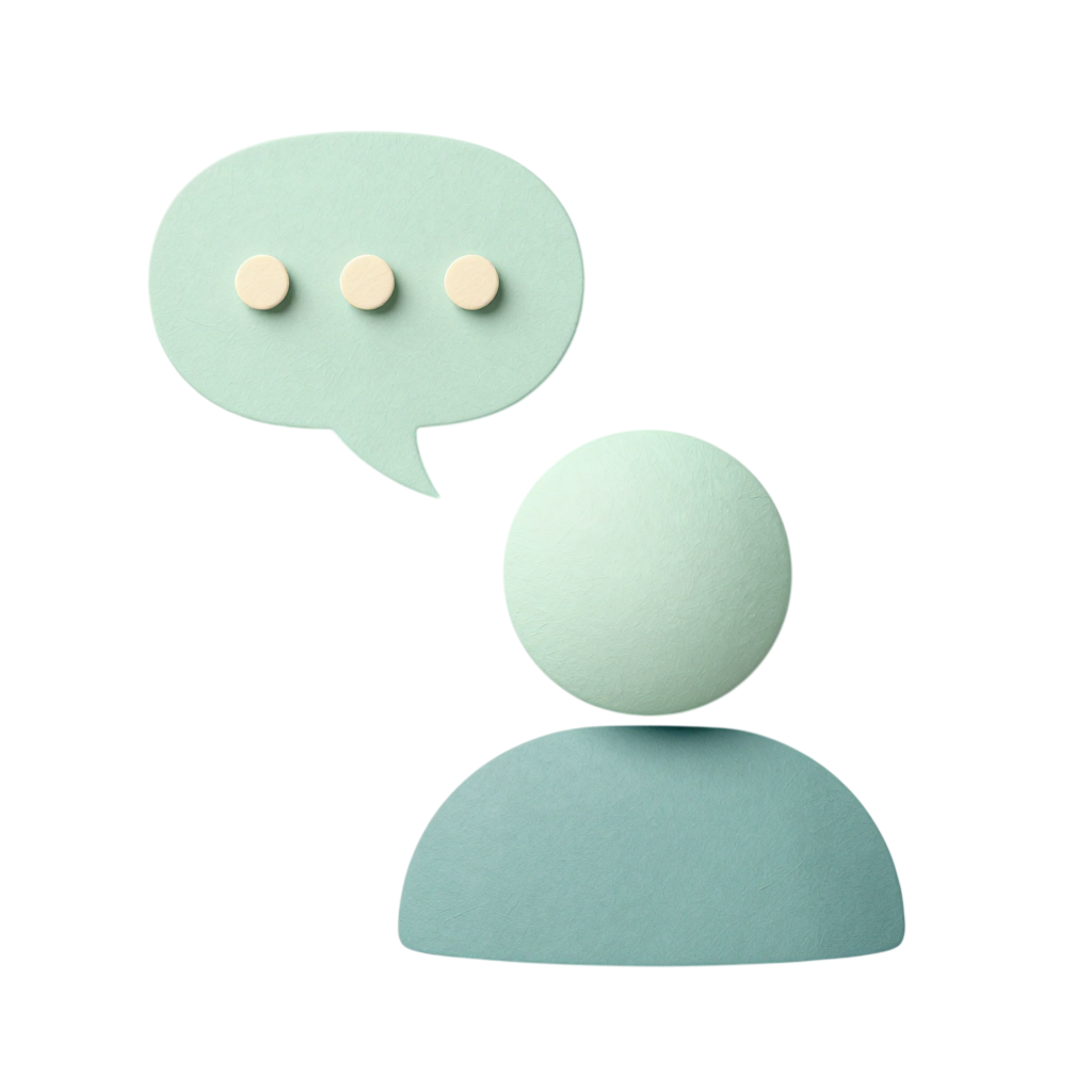 A light green speech bubble with three white dots above a matching rounded figure with no facial features, both made of a soft material, set against a black background.