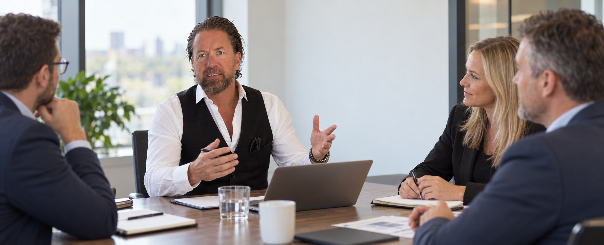 Business meeting with four adults, one man speaking, in an office conference room with large windows and a city view.