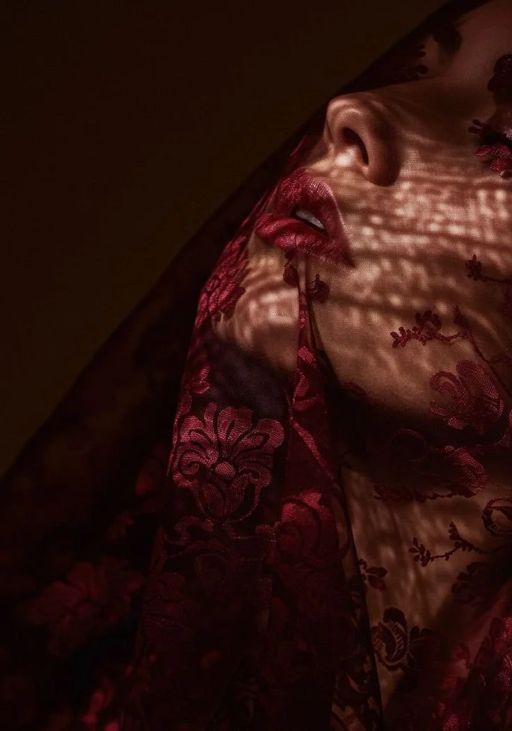 Close-up of a woman's face partially covered by a lace fabric with floral patterns, with light creating shadow stripes on her lips and face.