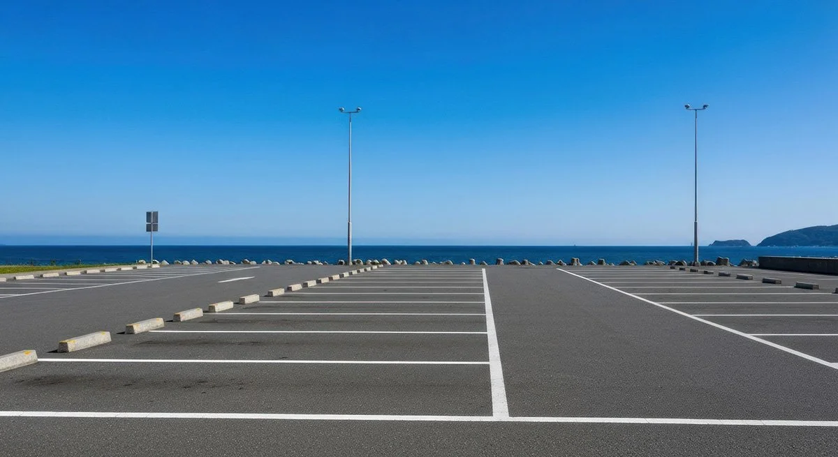 Empty parking lot near the ocean with a clear blue sky, two streetlights, and a distant landmass on the horizon.