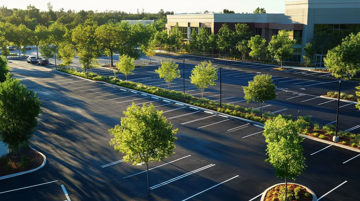 Empty parking lot with marked parking spaces, young green trees, and a modern building in the background under a clear sky.
