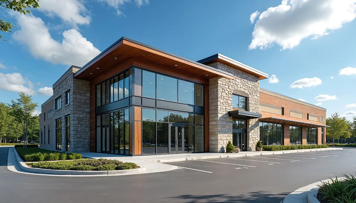 Modern commercial building with large glass windows, stone and brick exterior, and an empty parking lot under a blue sky.