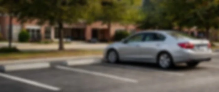 Blurry image of a silver sedan parked in an outdoor parking lot with trees and buildings in the background.