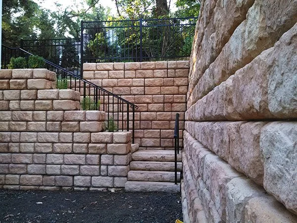 Redi-Rock retaining wall system with the appearance of natural stone installed in North Carolina.