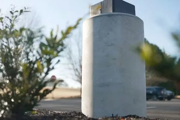 A concrete parking lot bumper with a tall black object on top, partially obscured by a green shrub in the foreground.
