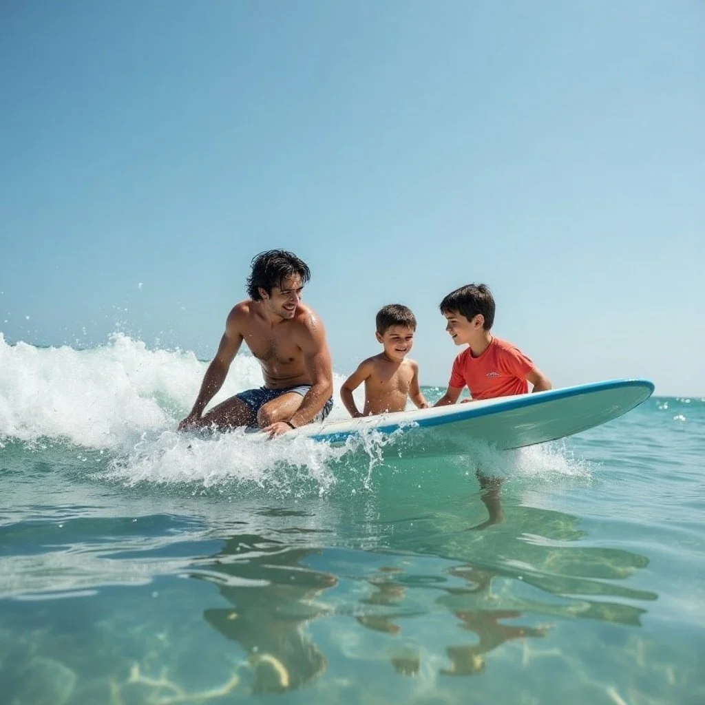 Tres niños y un hombre en una tabla de surf en el mar, todos sonrientes y disfrutando del día en la playa.