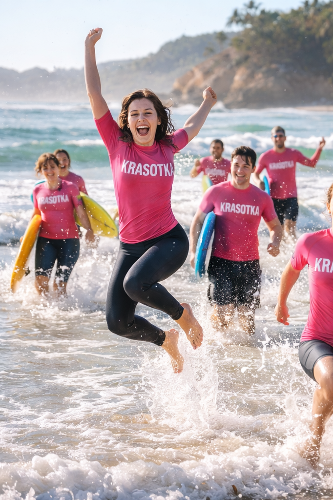 Grupo de personas en la playa, algunos con tablas de surf, disfrutando y corriendo por la orilla del mar.