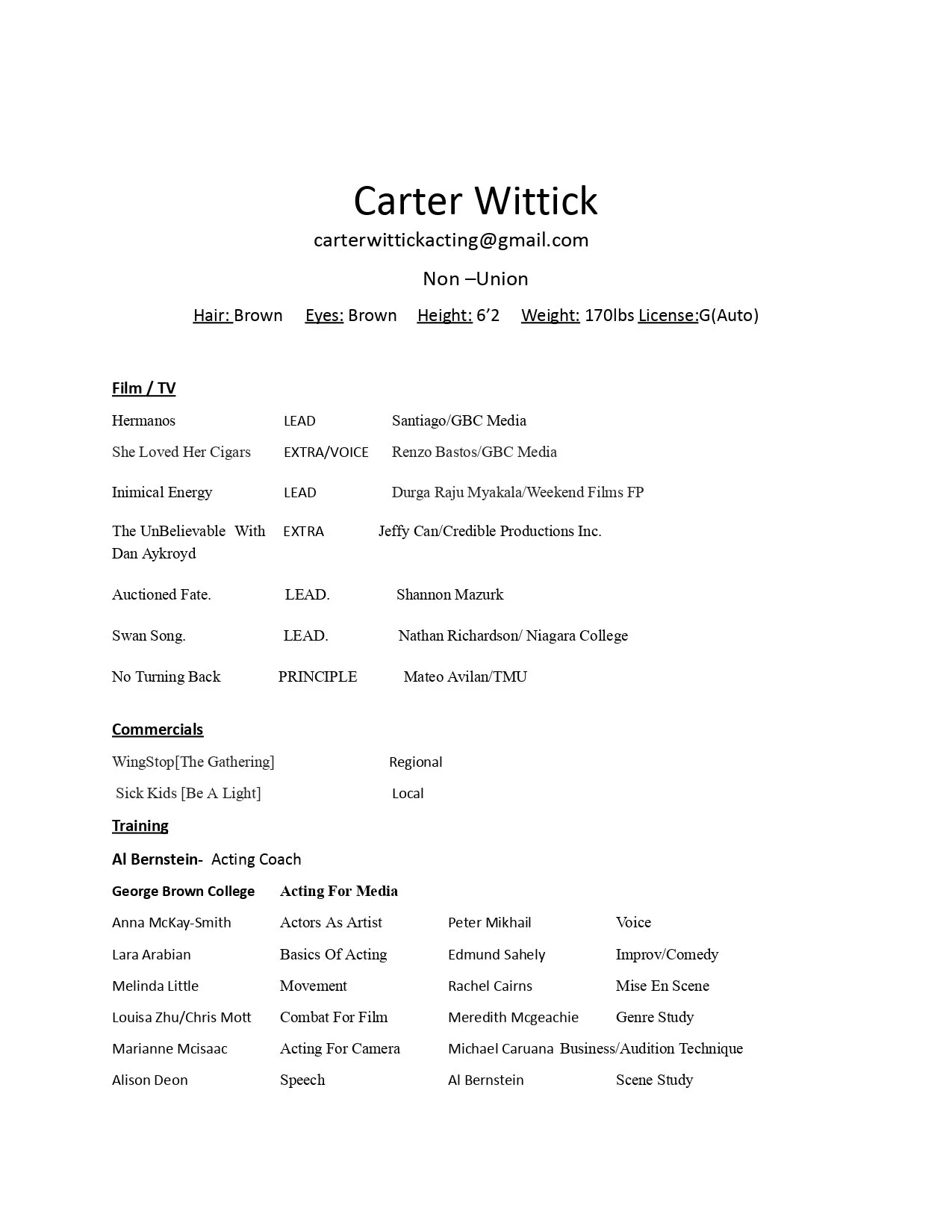 A resume for Carter Wittick including contact information, physical description, film and TV projects, commercials, and acting training.