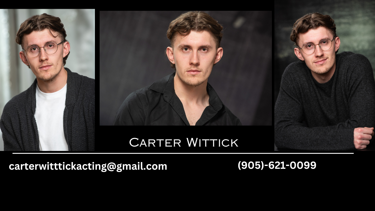 Business card featuring three photos of Carter Wittick, with his email and phone number displayed.