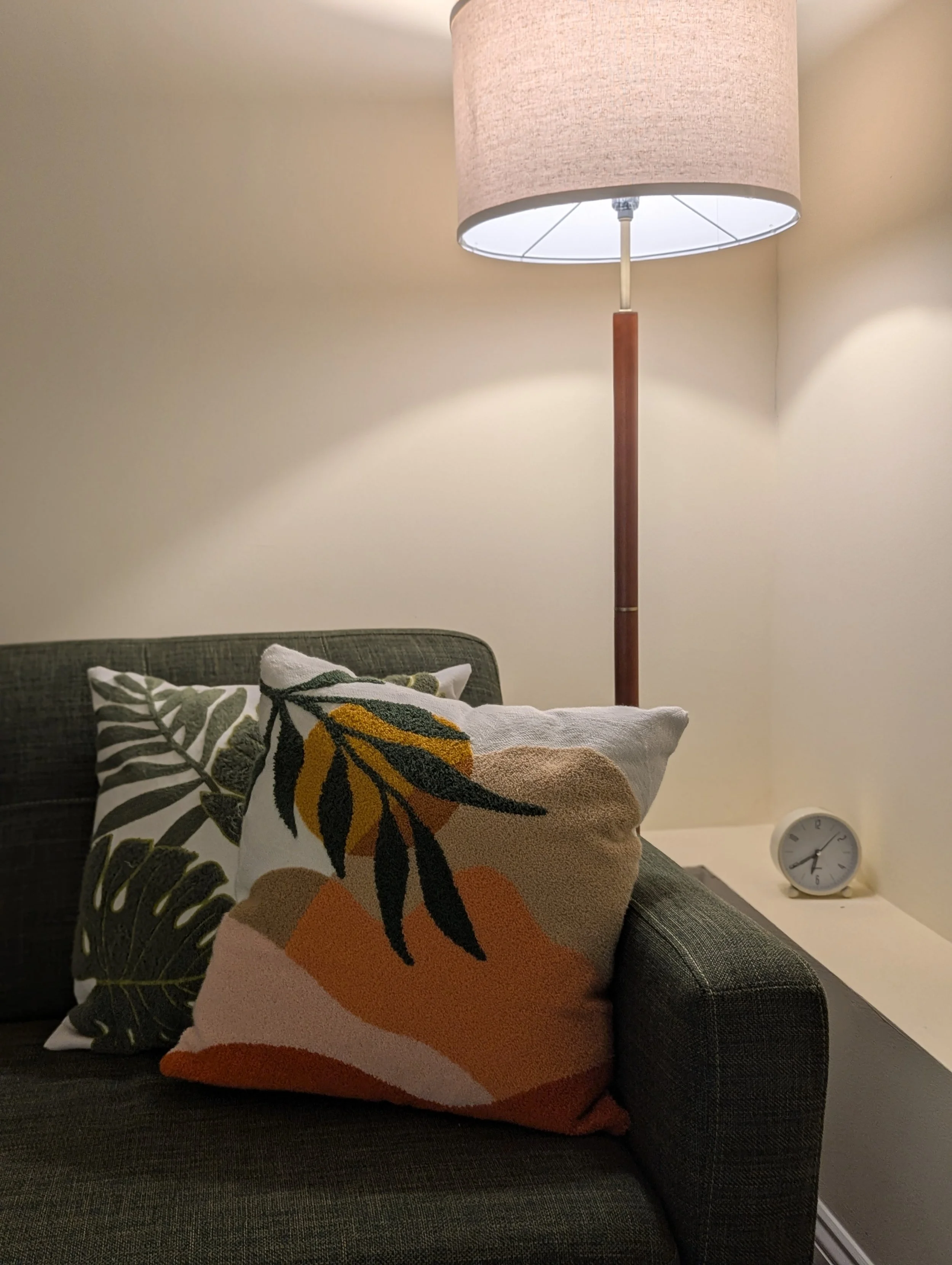 Living room corner with a dark green sofa, decorative cushions with botanical and abstract patterns, a floor lamp with a beige lampshade, and a small clock on the side table.