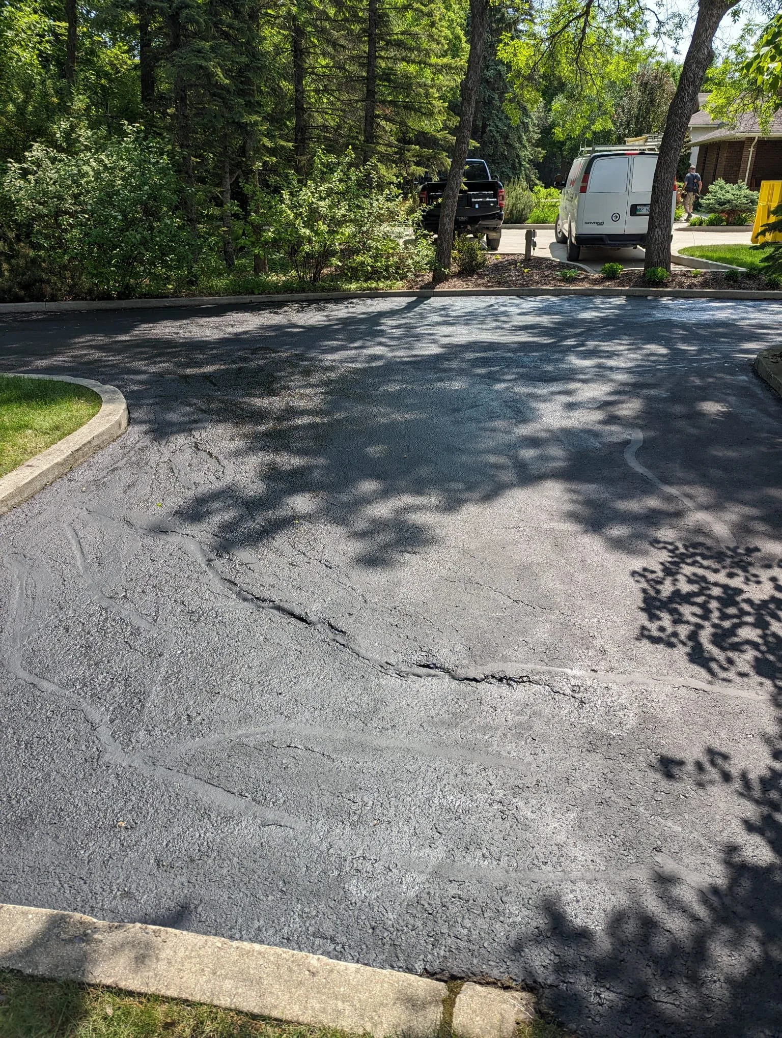 A paved parking lot with a large cracked area in the foreground, surrounded by lush green trees and shrubs. In the background, there are cars and a person walking on the sidewalk near a building.