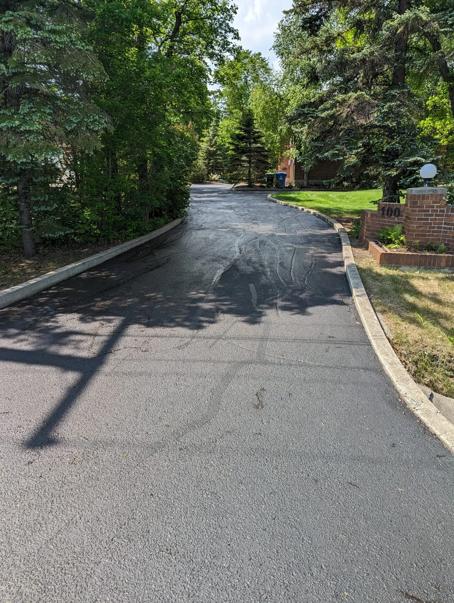 A paved driveway with a curb, leading into a residential area lined with trees and shrubbery. There are two trash bins near a house, and the house number 100 is visible on a brick pillar with a globe-style light.