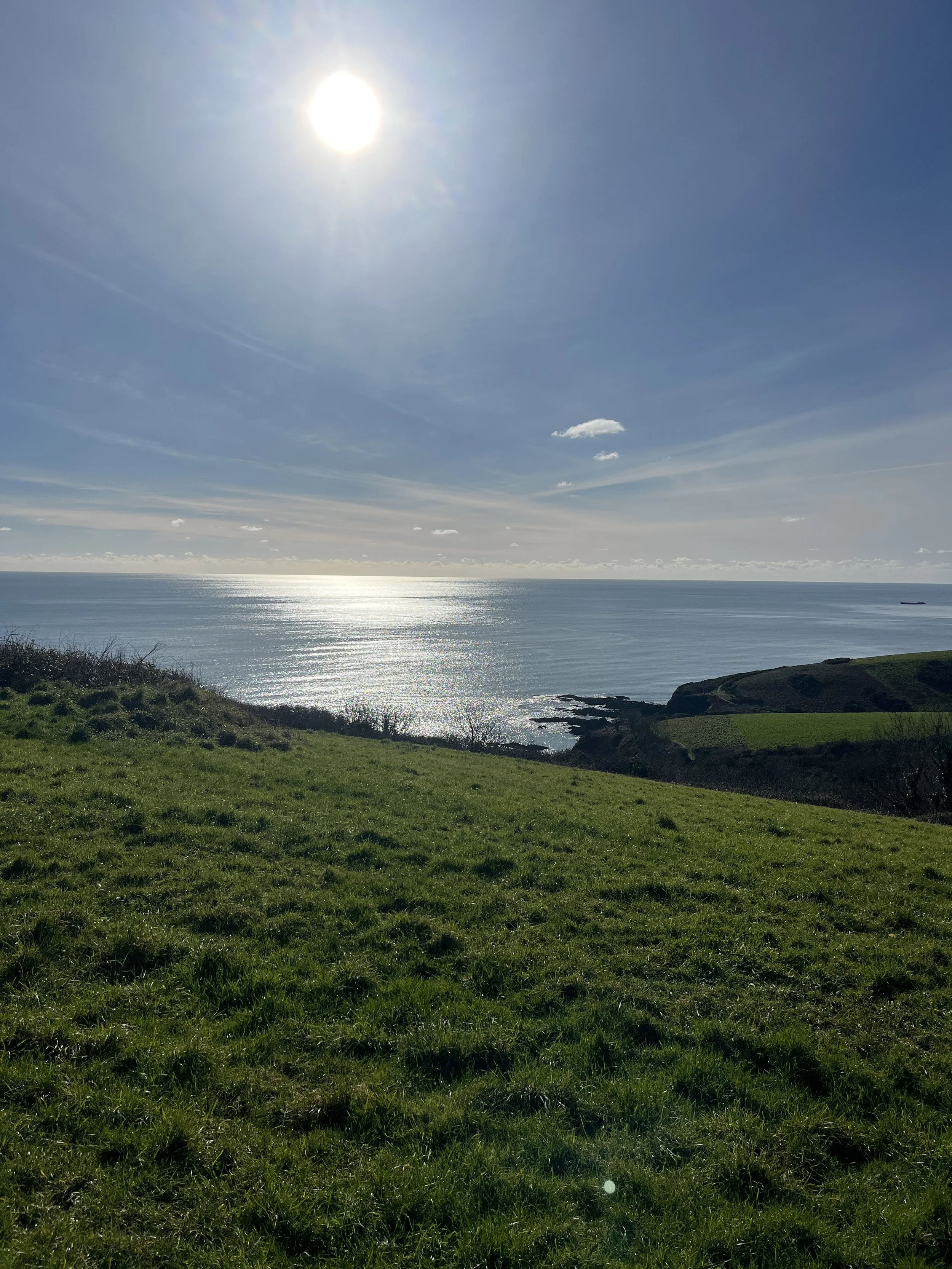 Cornish coastline viewed from clifftop bench