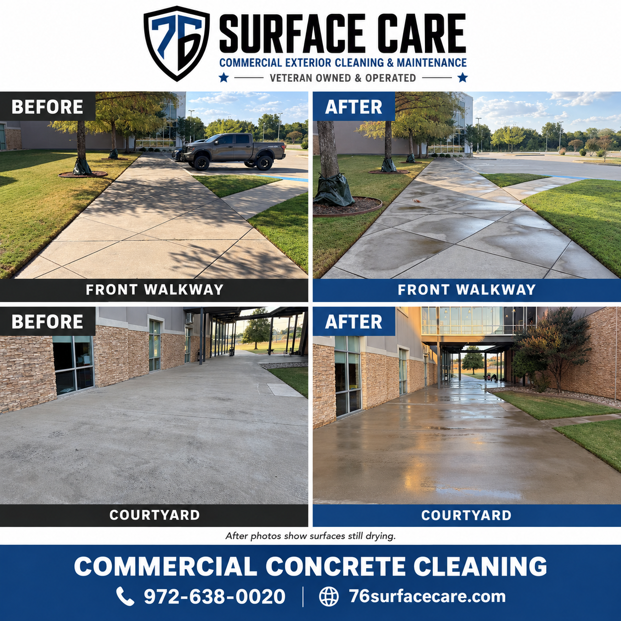 Branded comparison of the front walkway and courtyard before and after concrete cleaning at a Mansfield church campus; after surfaces are still drying.