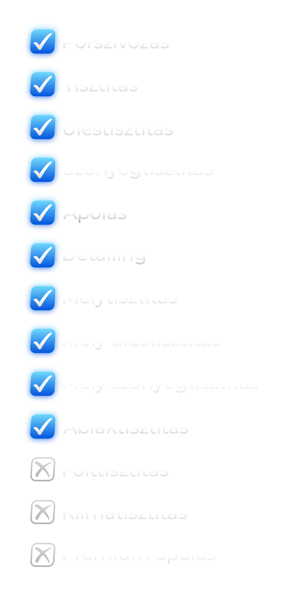 Checklist with blue checkmarks and a list of text options. Some options are checked, others are unchecked. The list seems to be related to affirmations or priorities.