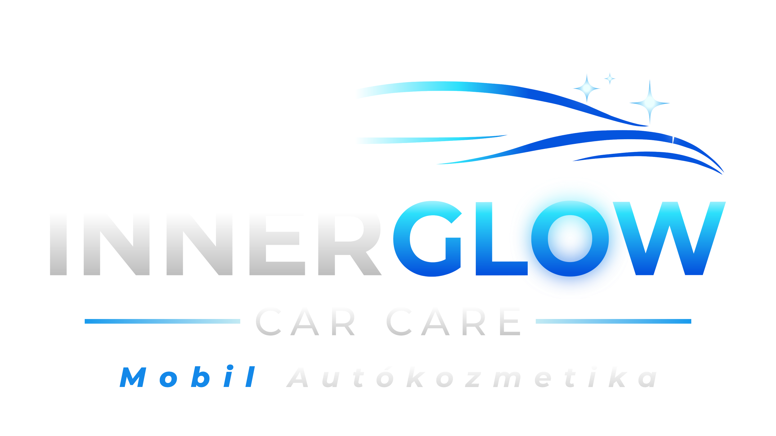 Logo for InnerGlow Car Care, featuring stylized blue and white text with a glowing blue circle and star accents, along with the words Mobile Autókozmetika.