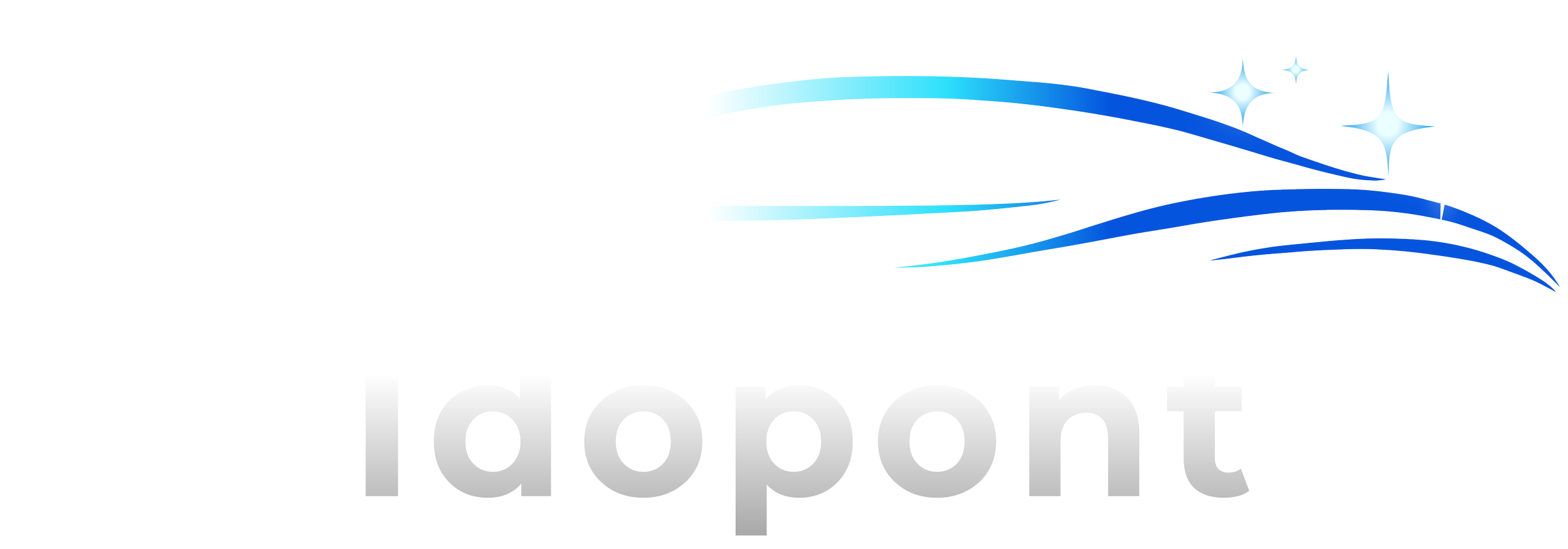 Stylized logo featuring a curved wave in shades of blue and white, with star-like sparkles, and the word 'Idopot' in gray with a white outline.