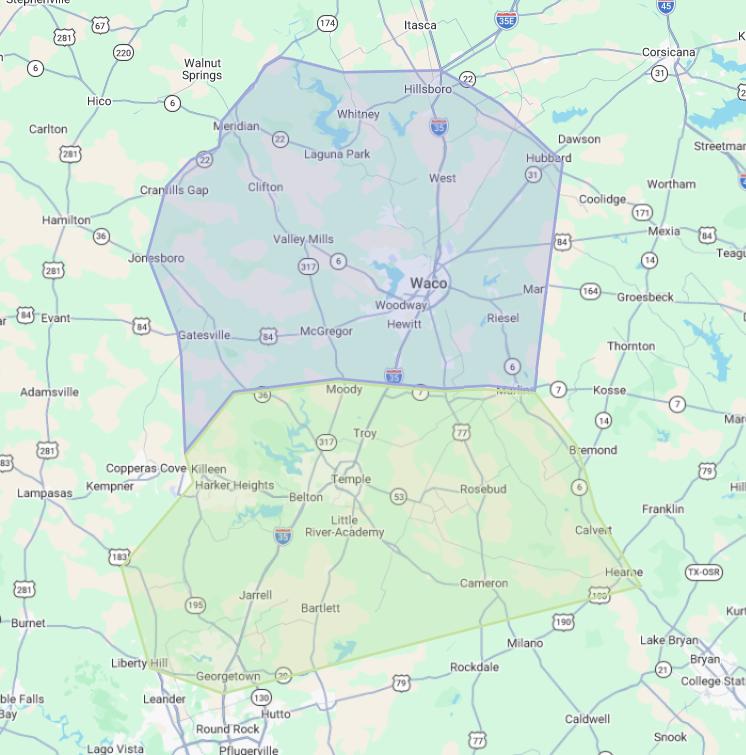 Map of Waco, Texas, and surrounding areas, highlighting the city and its neighboring communities.