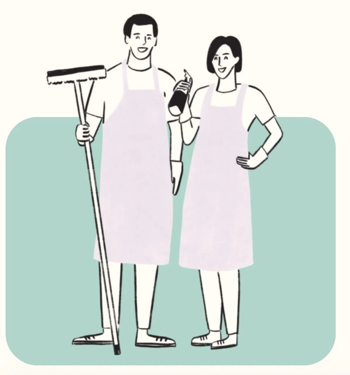 Line drawing of a man and woman in aprons, smiling and standing side by side. The man holds a mop, and the woman holds a spray bottle.