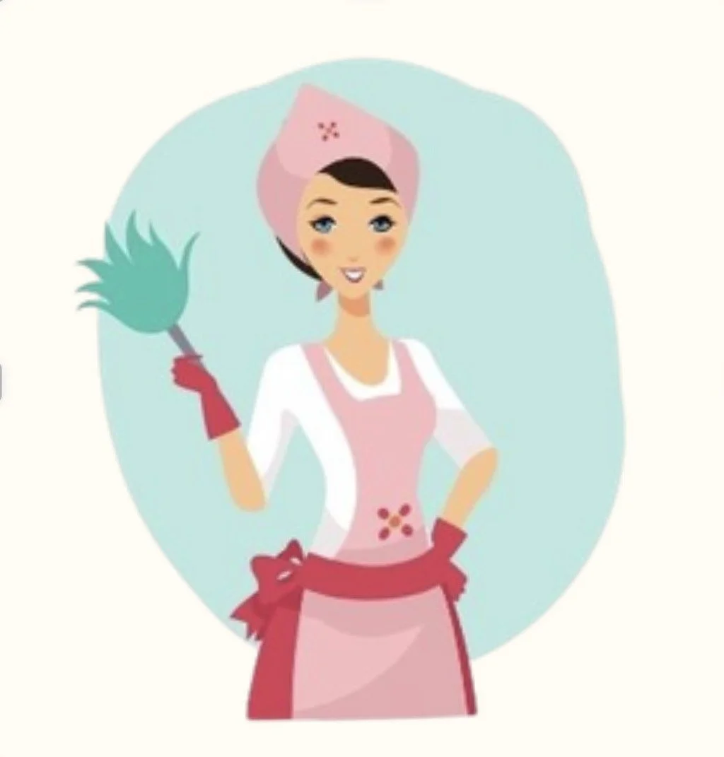 Illustration of a woman dressed as a baker, wearing a pink chef hat, pink apron, and red gloves, holding a broom, with a light background.