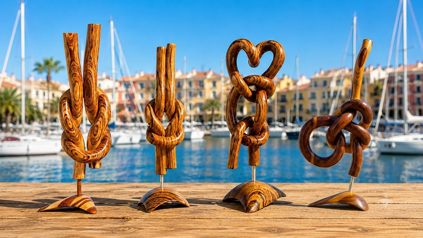 Four wooden sculpture knot art pieces on a wooden surface with a marina and colorful buildings in the background.