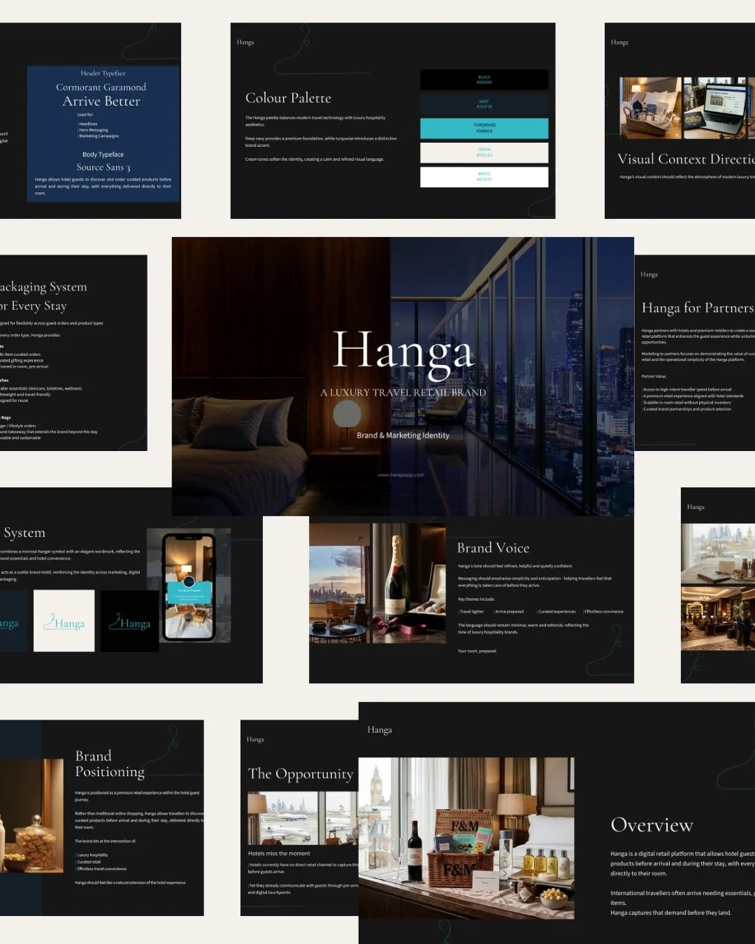 Hanga - a luxury travel retail brand built for the modern traveller.

A digital platform allowing hotel guests to curate and order essentials before arrival, with everything delivered directly to their room. A brand world built around one idea - that