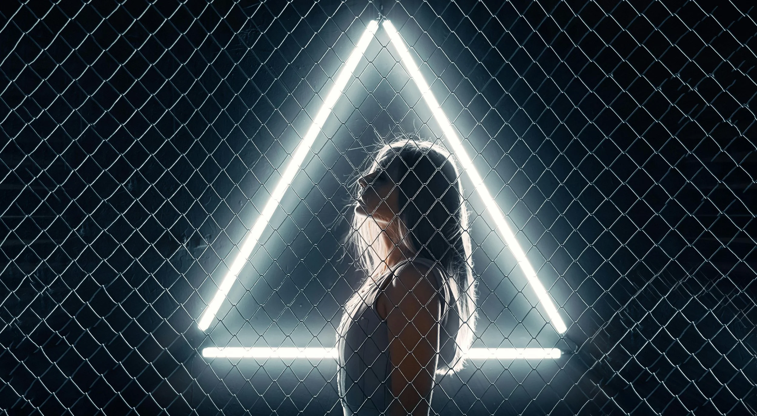 Silhouette of a woman with long hair behind a chain-link fence, illuminated by a neon triangle light in the background.