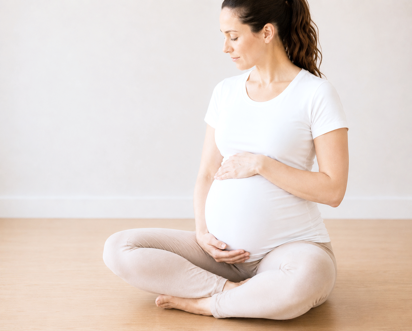 Pregnant woman sitting cross-legged on the floor with hands on her belly in a calm, meditative pose indoors with a plain light-colored wall.