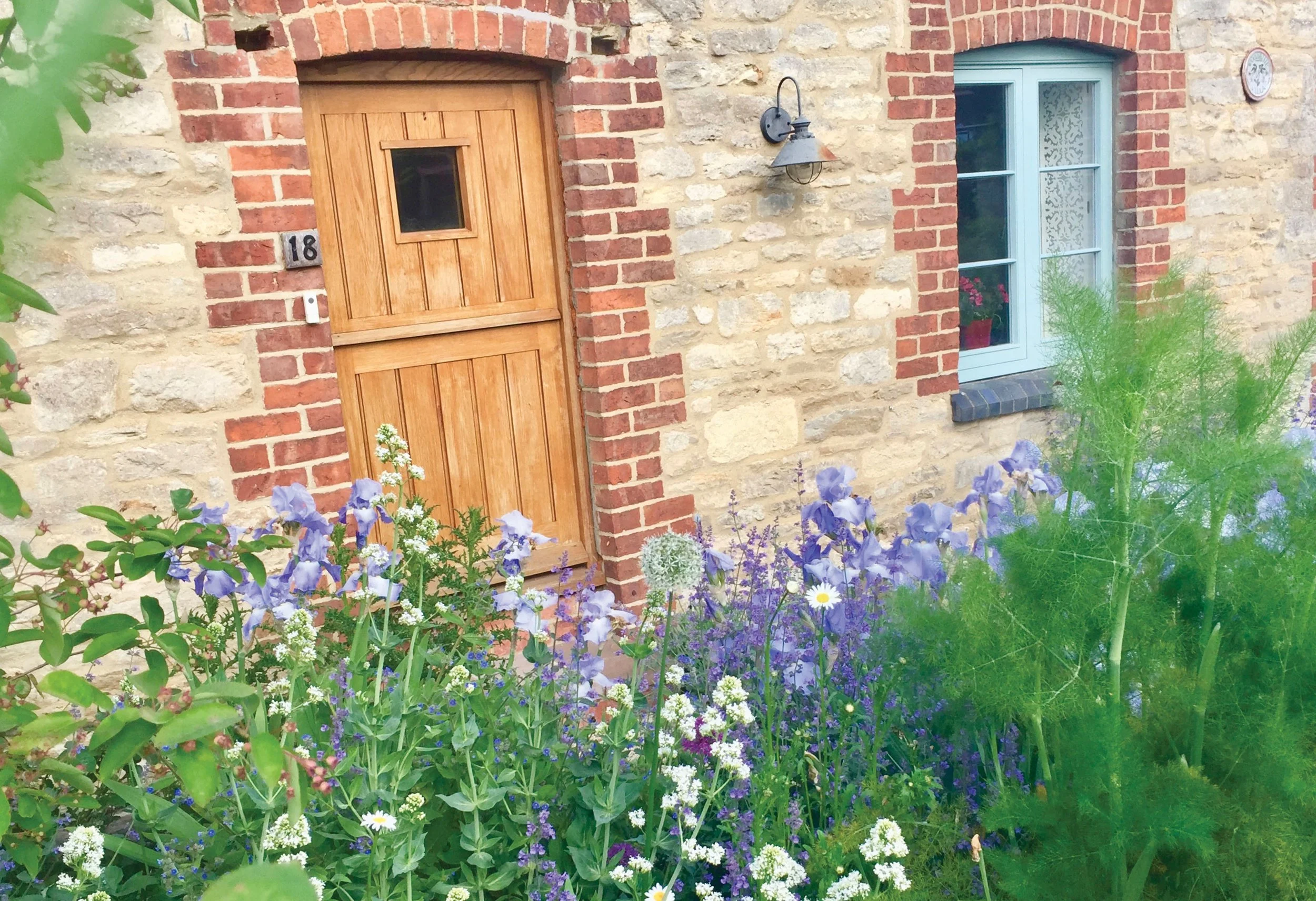 Iris ‘Jane Phillips’, alliums and fennel combining ornamental planting with the productive character of the garden.