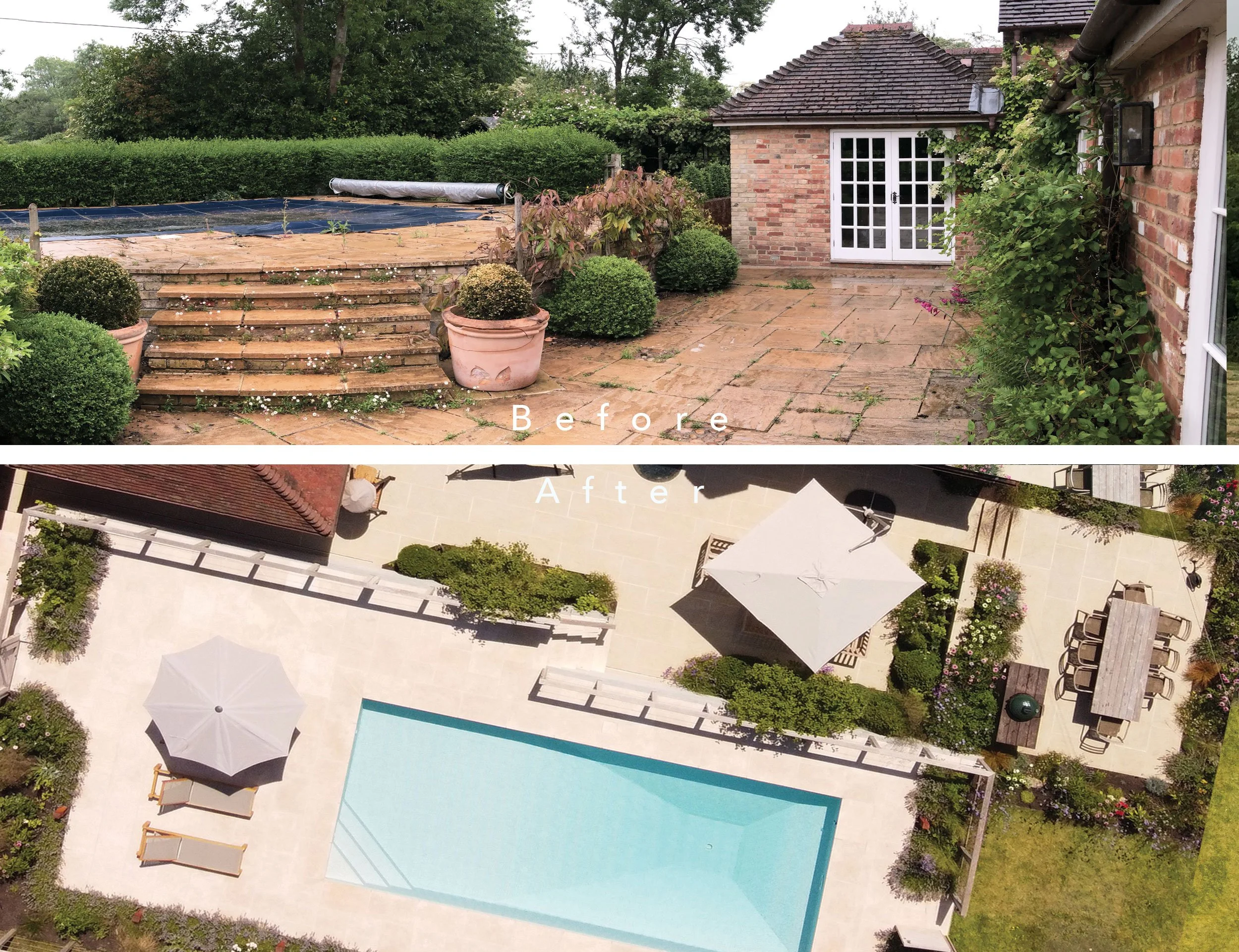 Before and after views of the Courtyard Pool Garden in Marsh Baldon, Oxfordshire, showing the transformation of an existing swimming pool into a family courtyard garden with new terraces, planting and paving.