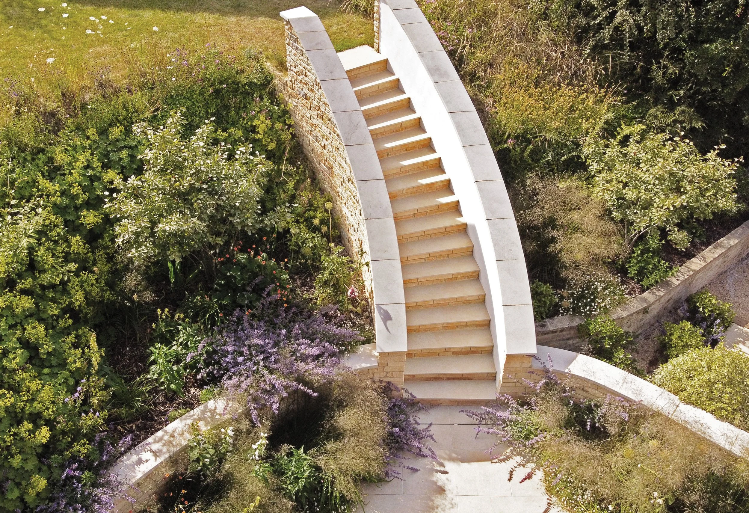 Sculptural curved stone steps rising through planting from the sunken garden to the upper garden in Beckley.